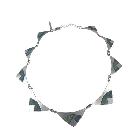 American Eagle Silver-Tone Geometric Necklace Inlaid Abalone Triangle Design - Picture 1 of 6